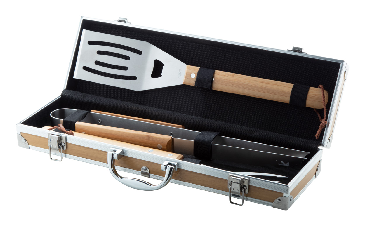 Sada nástrojů na grilování BARBOO v kovovém kufru s bambusovým vzorem - přírodní
