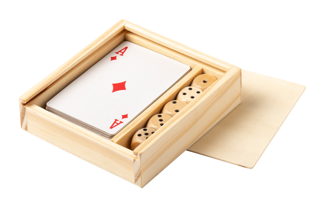 Sada hracích karet a kostek PELKAT v dřevěné krabičce - přírodní