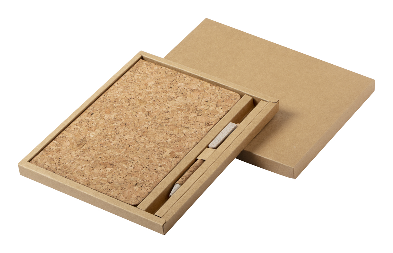 Notepad and pen set MINSOR with cork surface, A5 format - natural