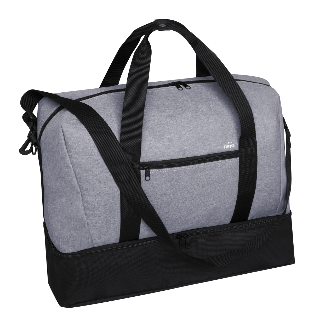 Polyesterová sportovní taška KANIT s kapsou s RFID ochranou - šedý melír / černá