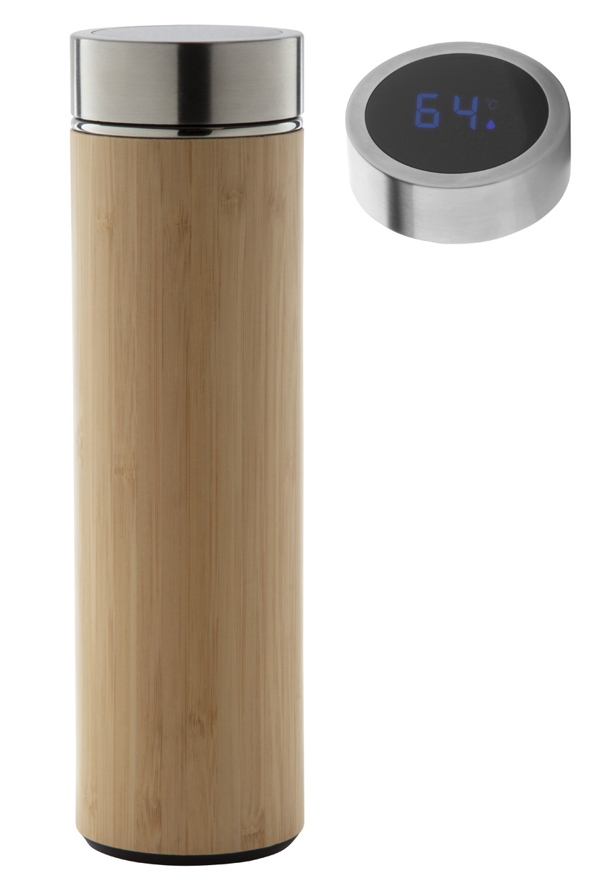Metal thermos with thermometer TEMBOO with bamboo surface, 500 ml - natural