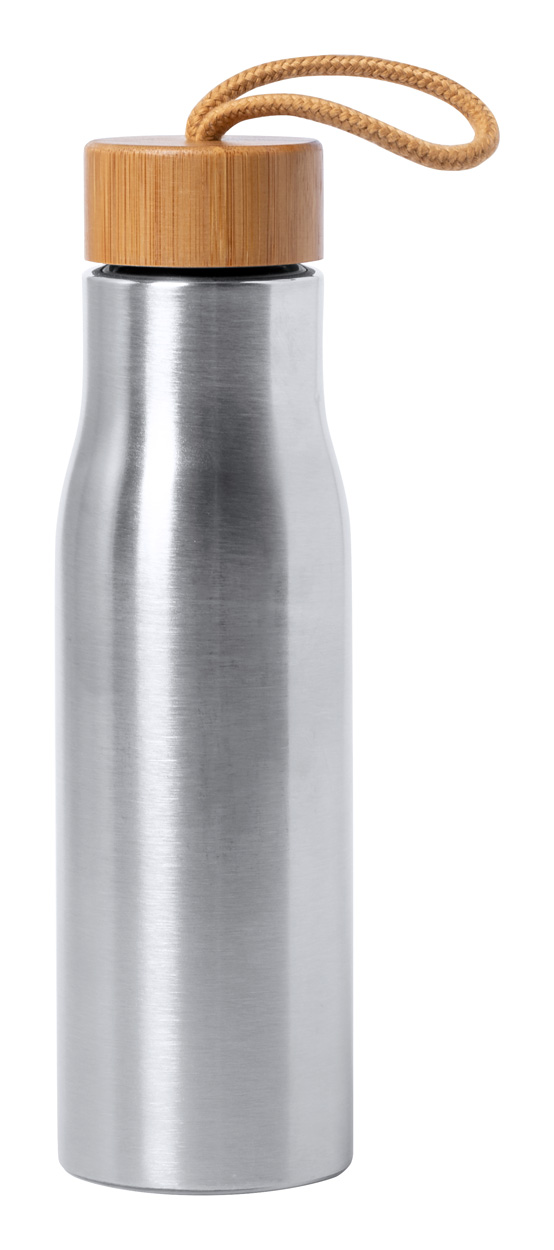 Metal sports bottle DROPUN with bamboo lid, 600 ml - silver / natural