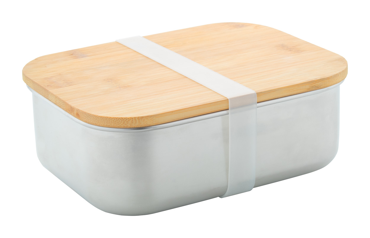Kovový box na jídlo FERROCA s bambusovým víkem, 800 ml - stříbrná