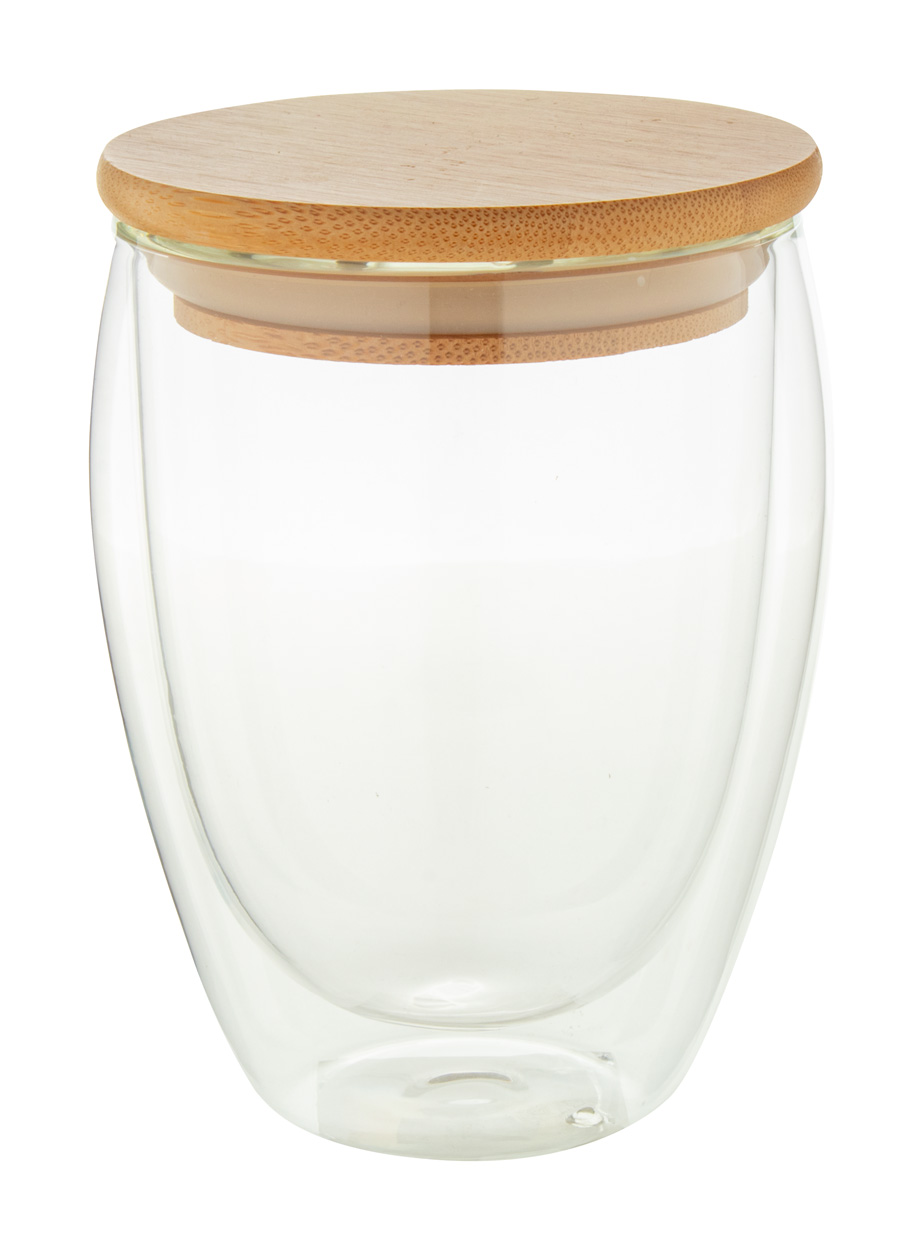 Glass thermo mug BONDINA M with bamboo lid, 350 ml - transparent / natural