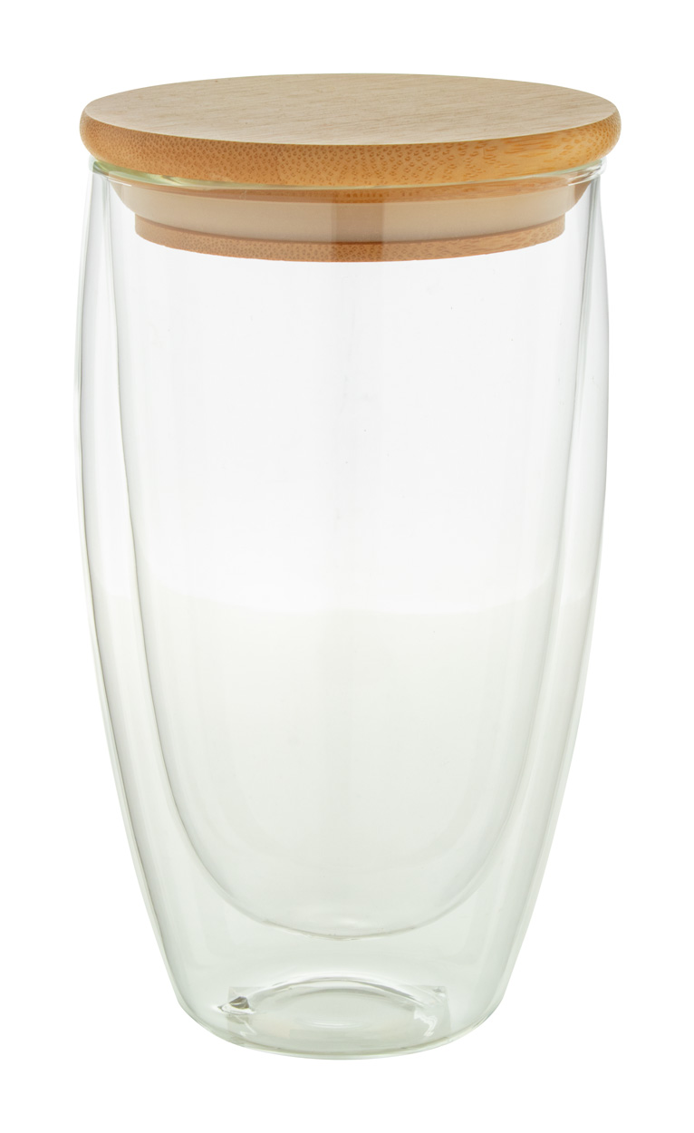 Skleněný termohrnek BONDINA L s bambusovým víčkem, 450 ml - transparentní / přírodní