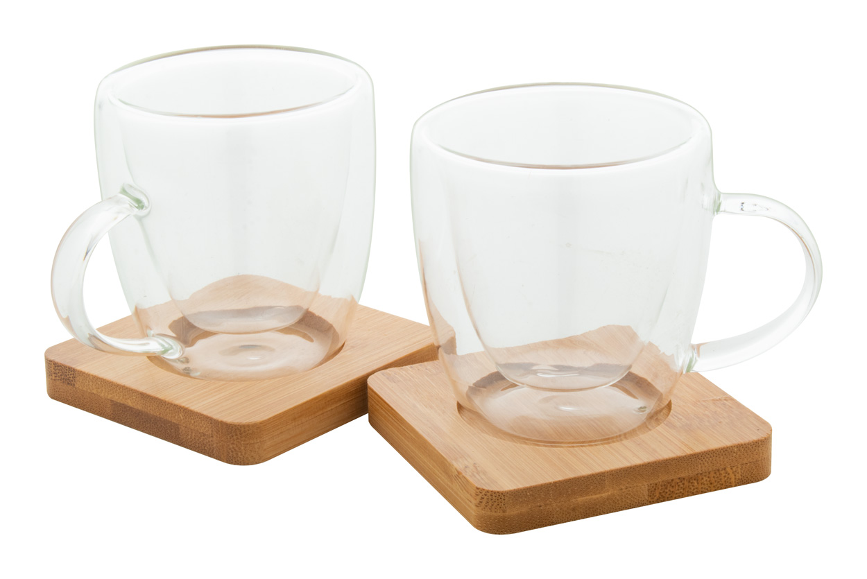 Glass espresso cup set MOCABOO, 90 ml - transparent / natural