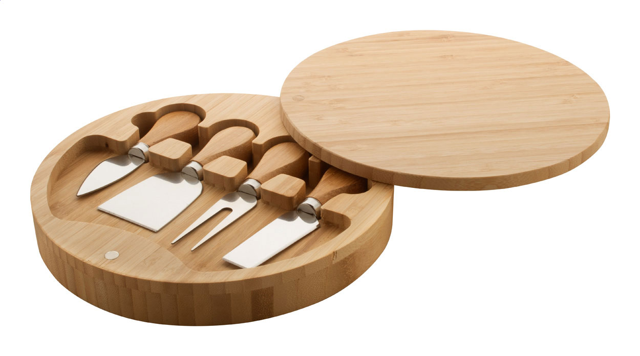 Sada nožů na sýr ABBAMAR v bambusovém pouzdru, 4 ks - přírodní / stříbrná