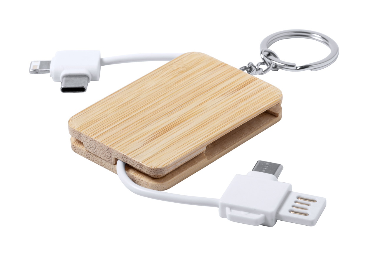Bamboo keyring RUSELL with USB charging cable - white