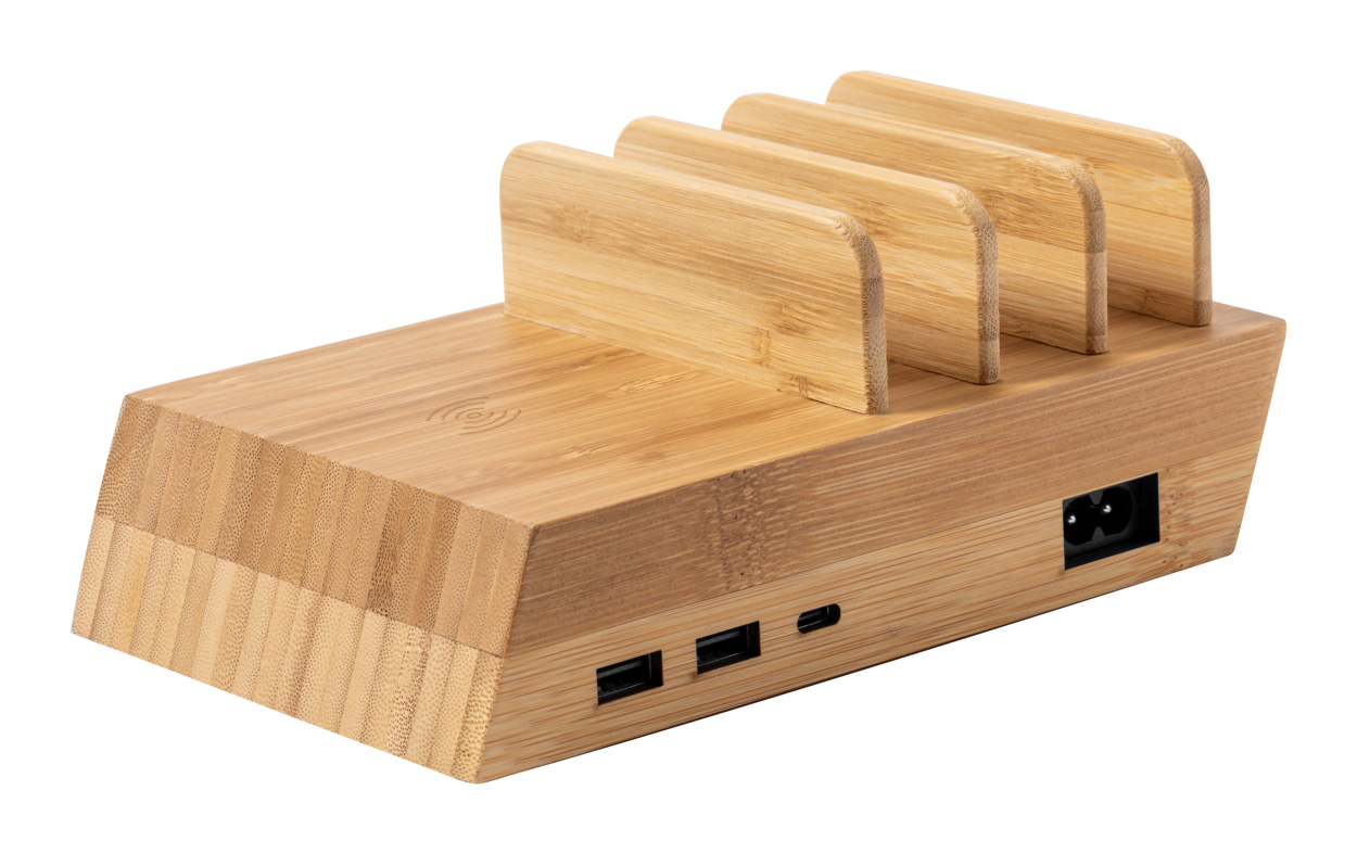 Bamboo charging station LUPINT with wireless charger - natural