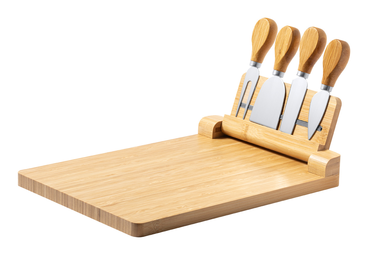 Cheese knife set MILDRED with bamboo cutting board, 4 pcs - natural