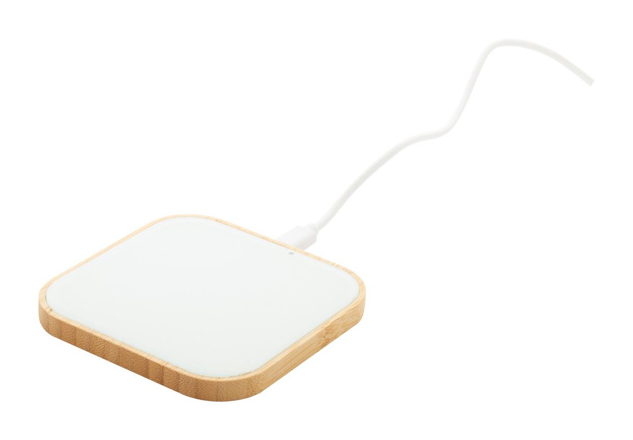 Bamboo wireless charger TREMPE with glass surface, 10 W - white