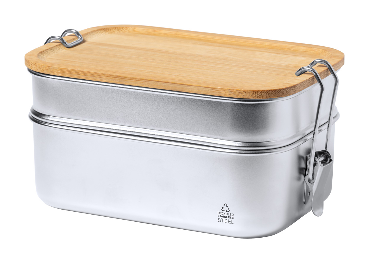 Metal food box VICKERS with bamboo lid - silver / natural