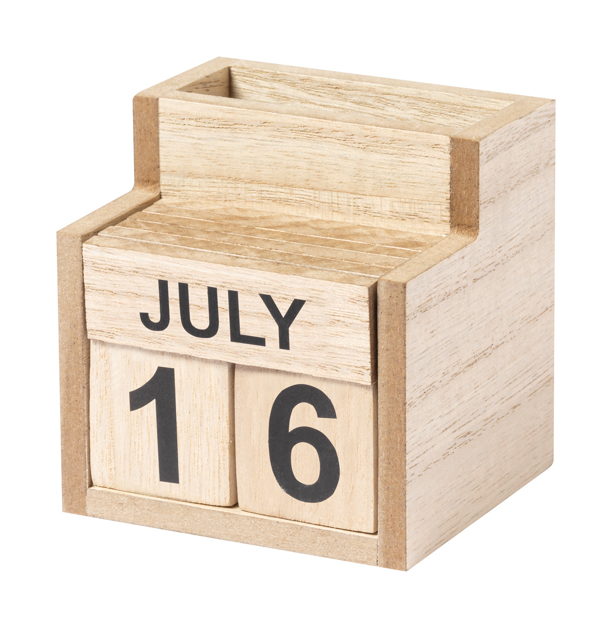 Wooden perpetual calendar LAOREK with mobile phone holder - natural