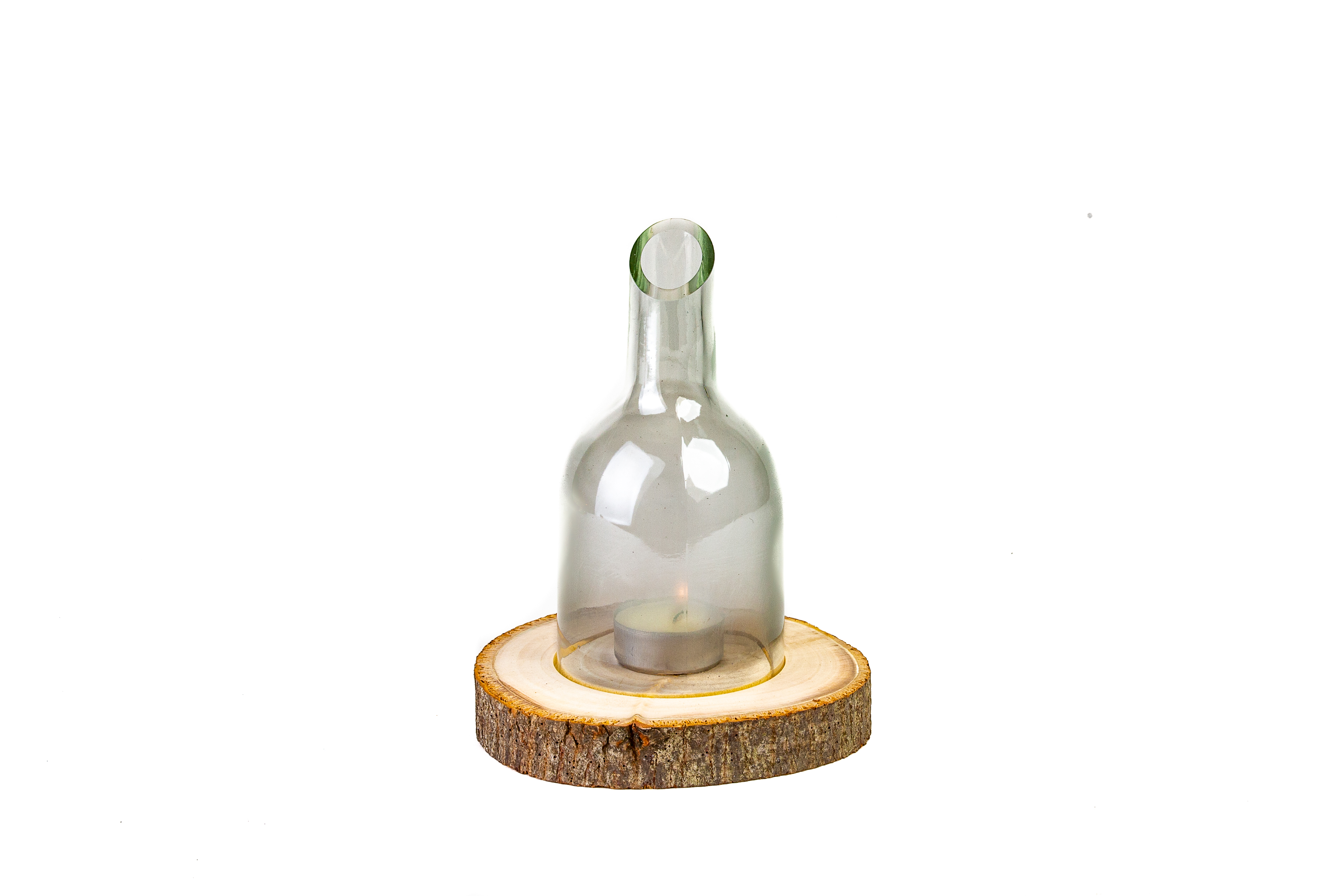 Glass candlestick with round wooden base
