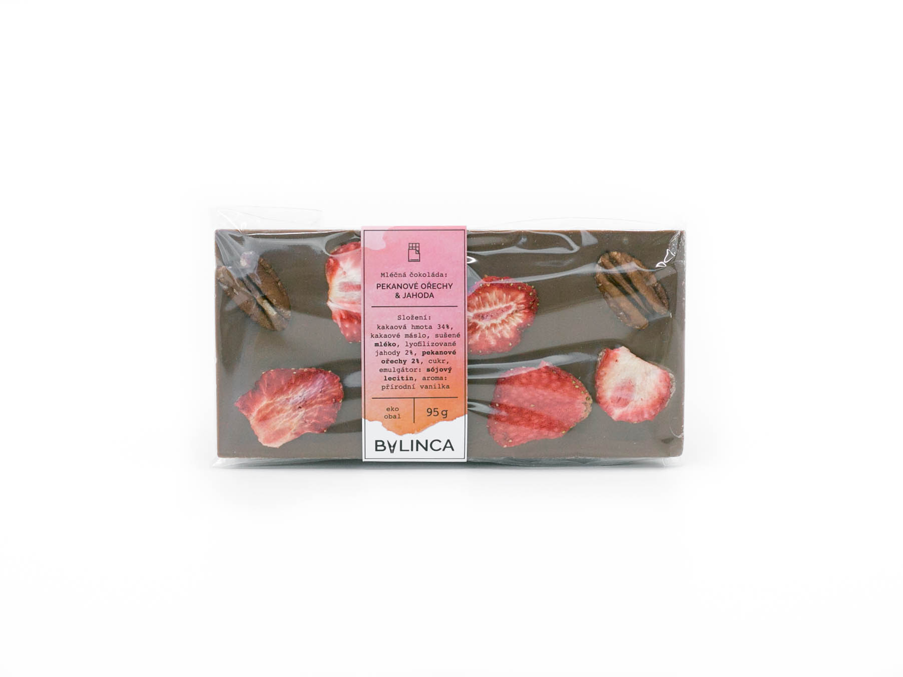 Mléčná čokoláda: Pekanové ořechy & Jahoda 95g Mléčná čokoláda: Pekanové ořechy & Jahoda 95g