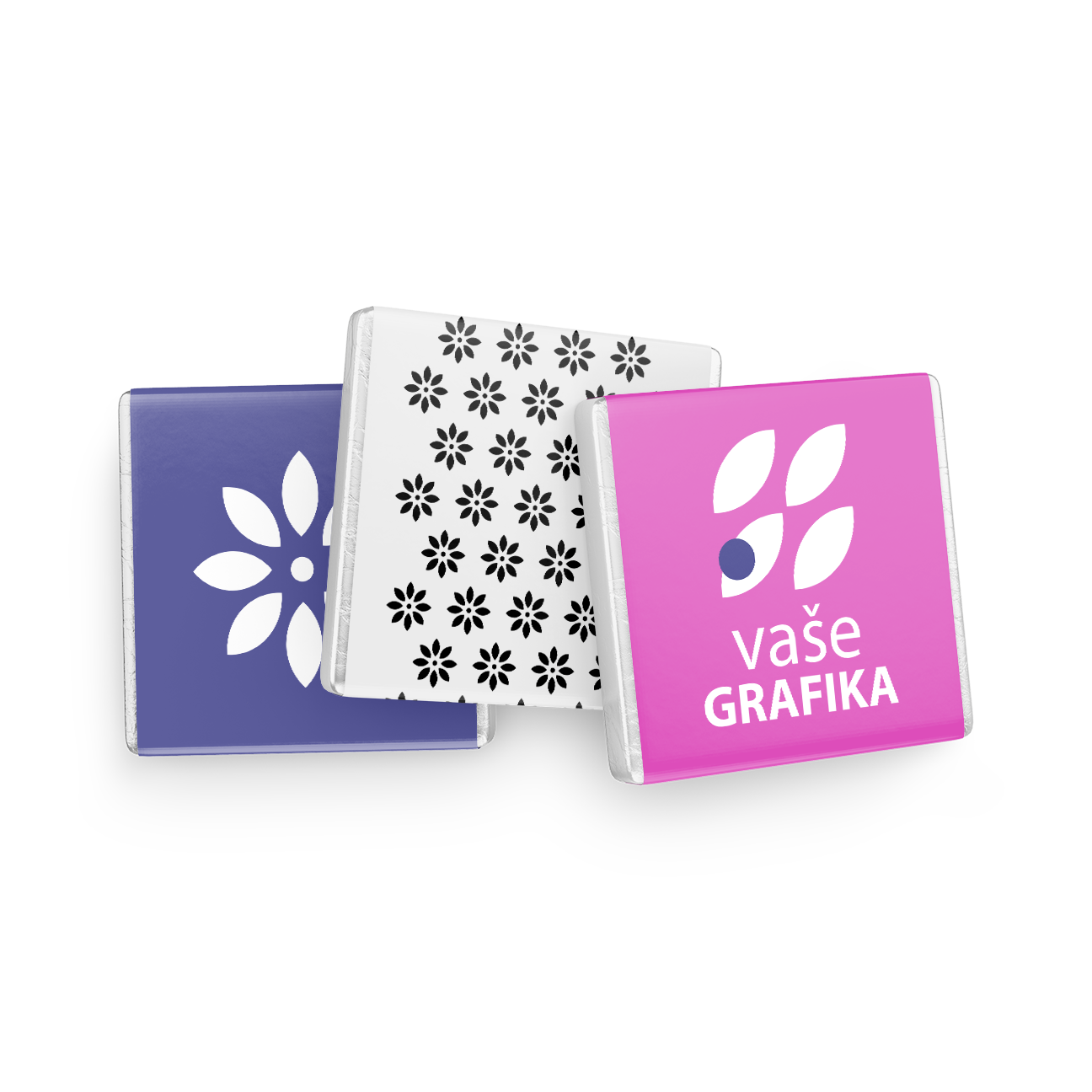 Square chocolate with printed paper cover 5g, CMYK, dark, Alu - silver packaging