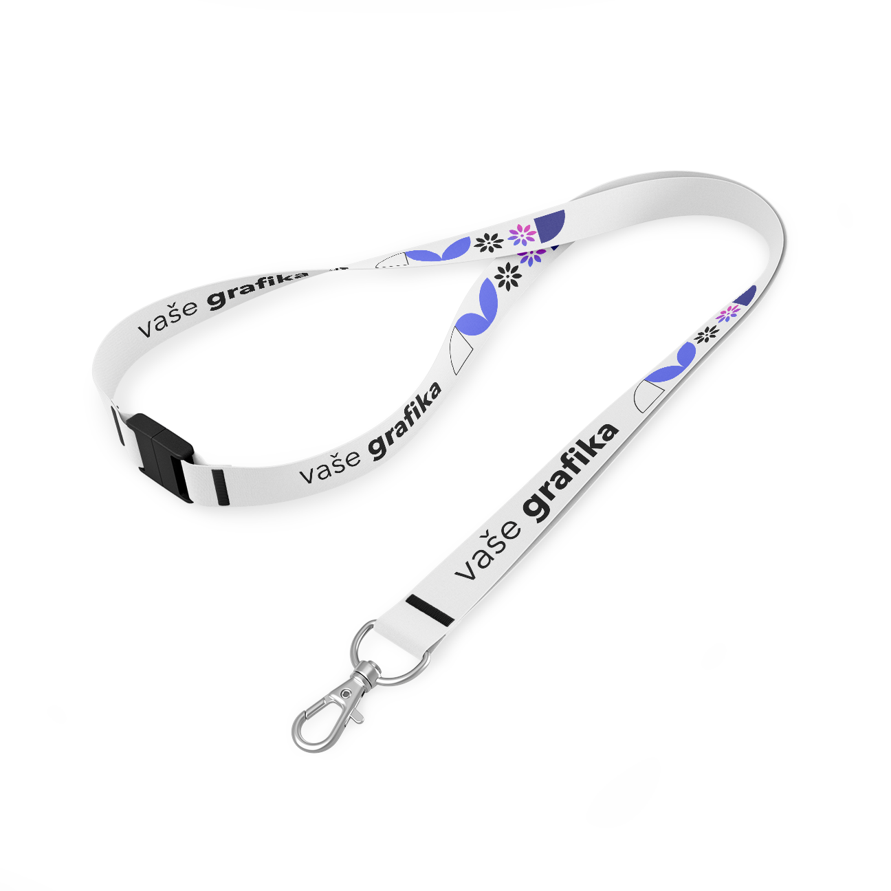 Lanyard, 100% polyester, šíře 20mm, oboustranná synchronní sublimace, kovová karabina, bezpečnostní klip