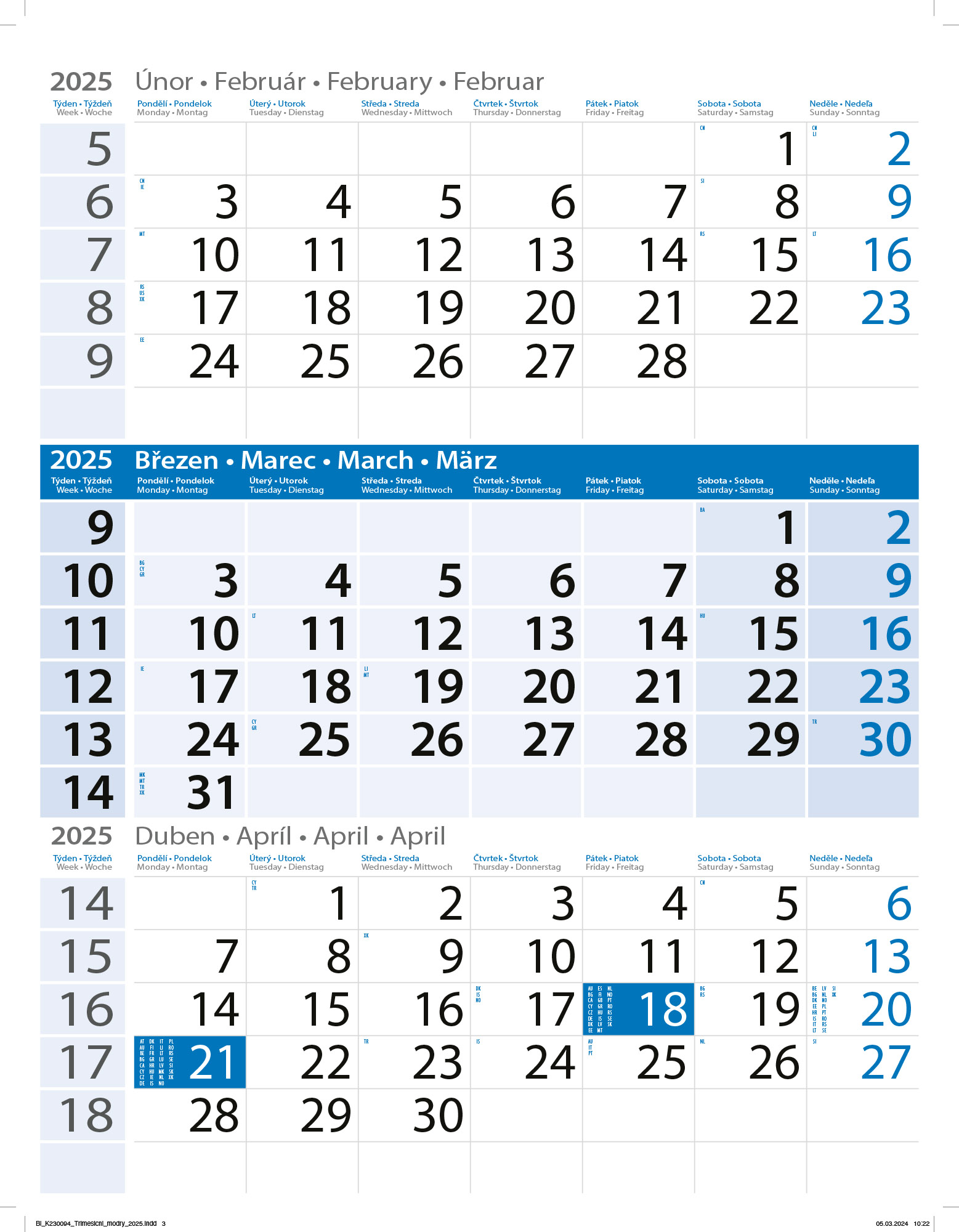 Nástěnný kalendář Tříměsíční 2025