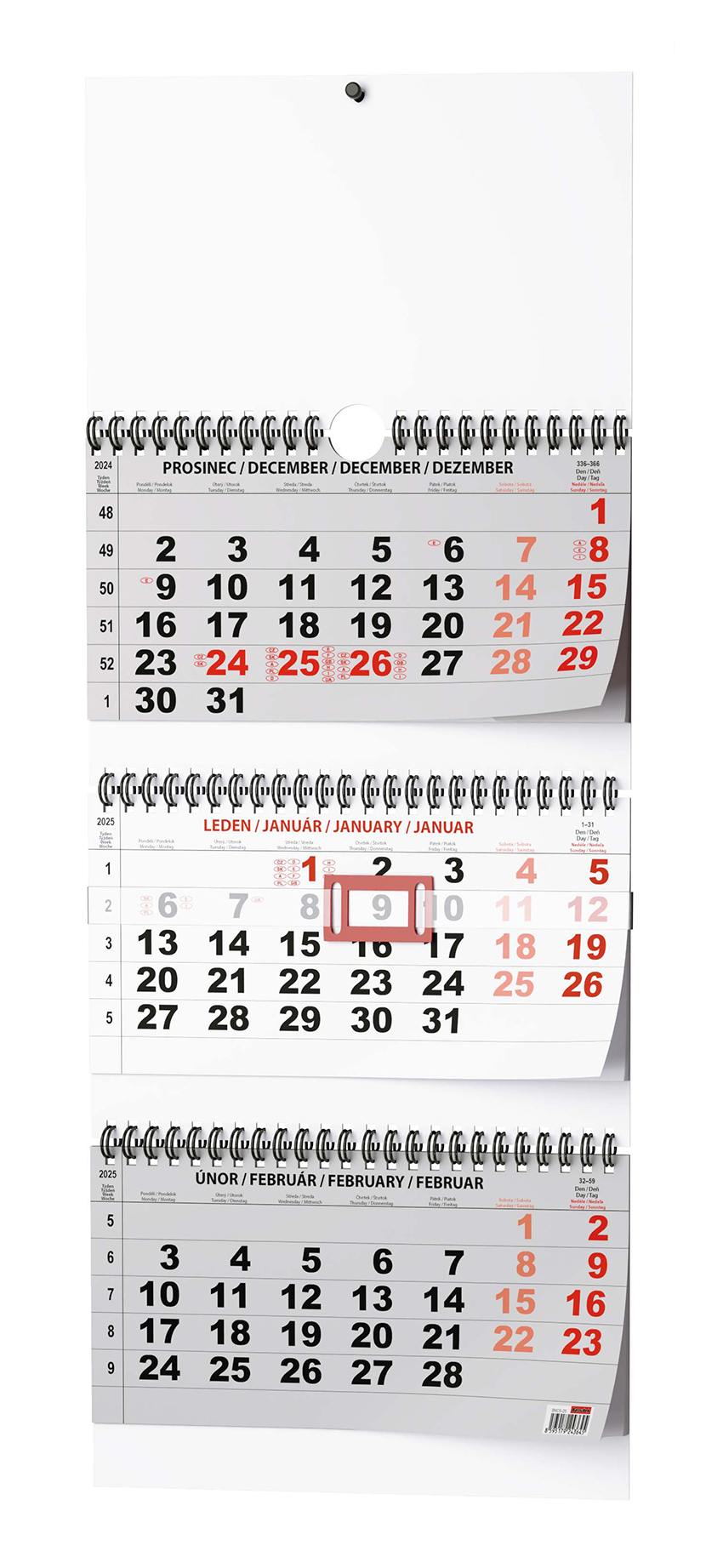 Nástěnný kalendář Tříměsíční skládaný s mezinárodními svátky 2025