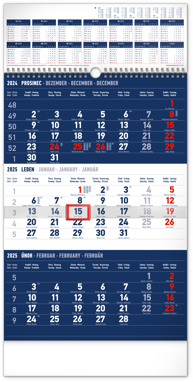 Nástěnný kalendář 3měsíční standard modrý - s ročním přehledem 2025