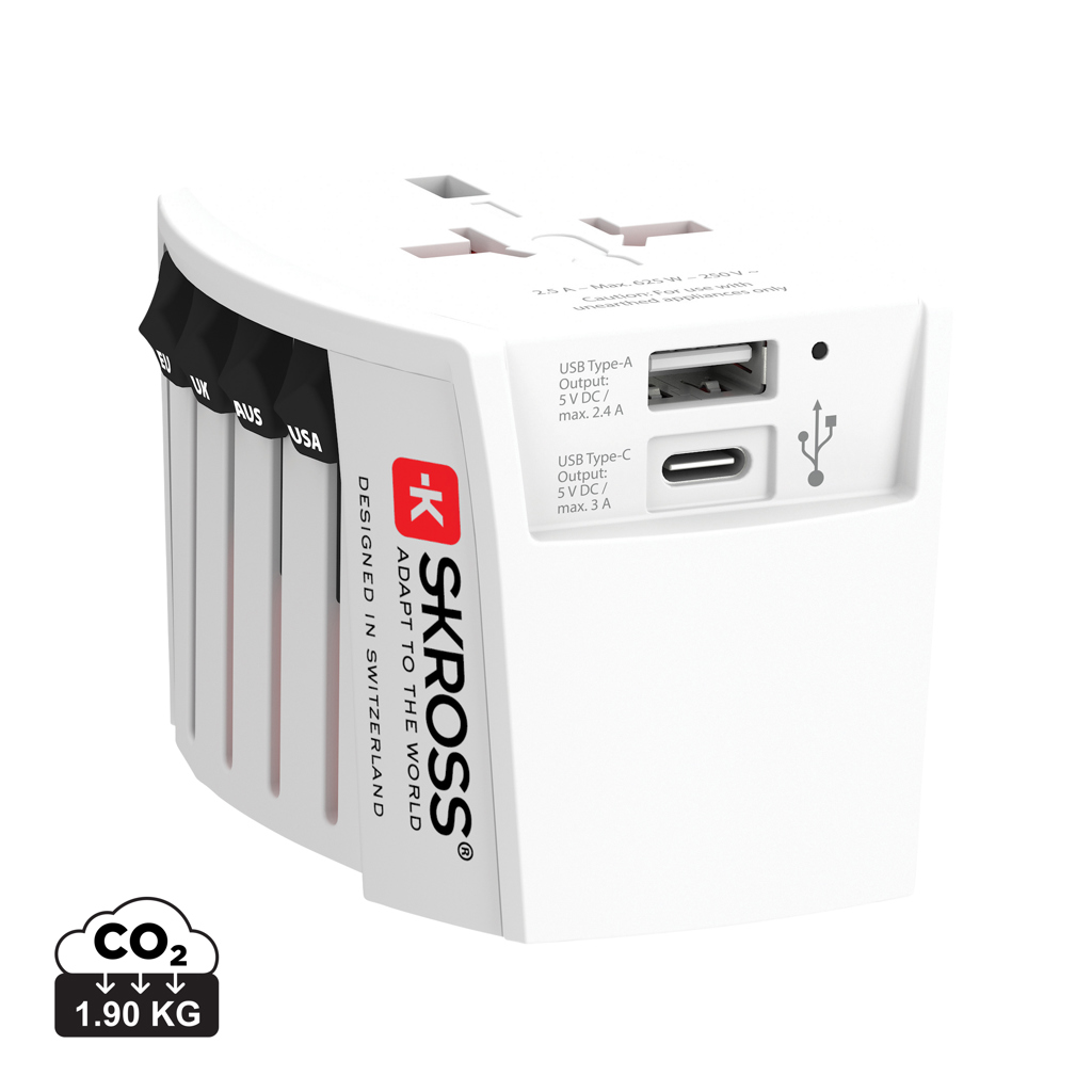 Cestovní adaptér SKROSS World MUV 2-pole s USB A a C Bílá
