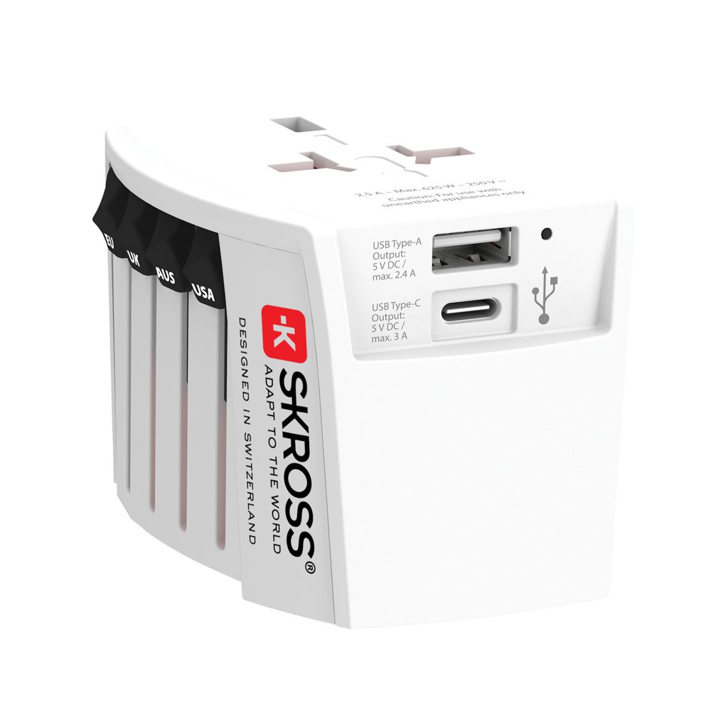 Cestovní adaptér SKROSS World MUV 2-pole s USB A a C Bílá