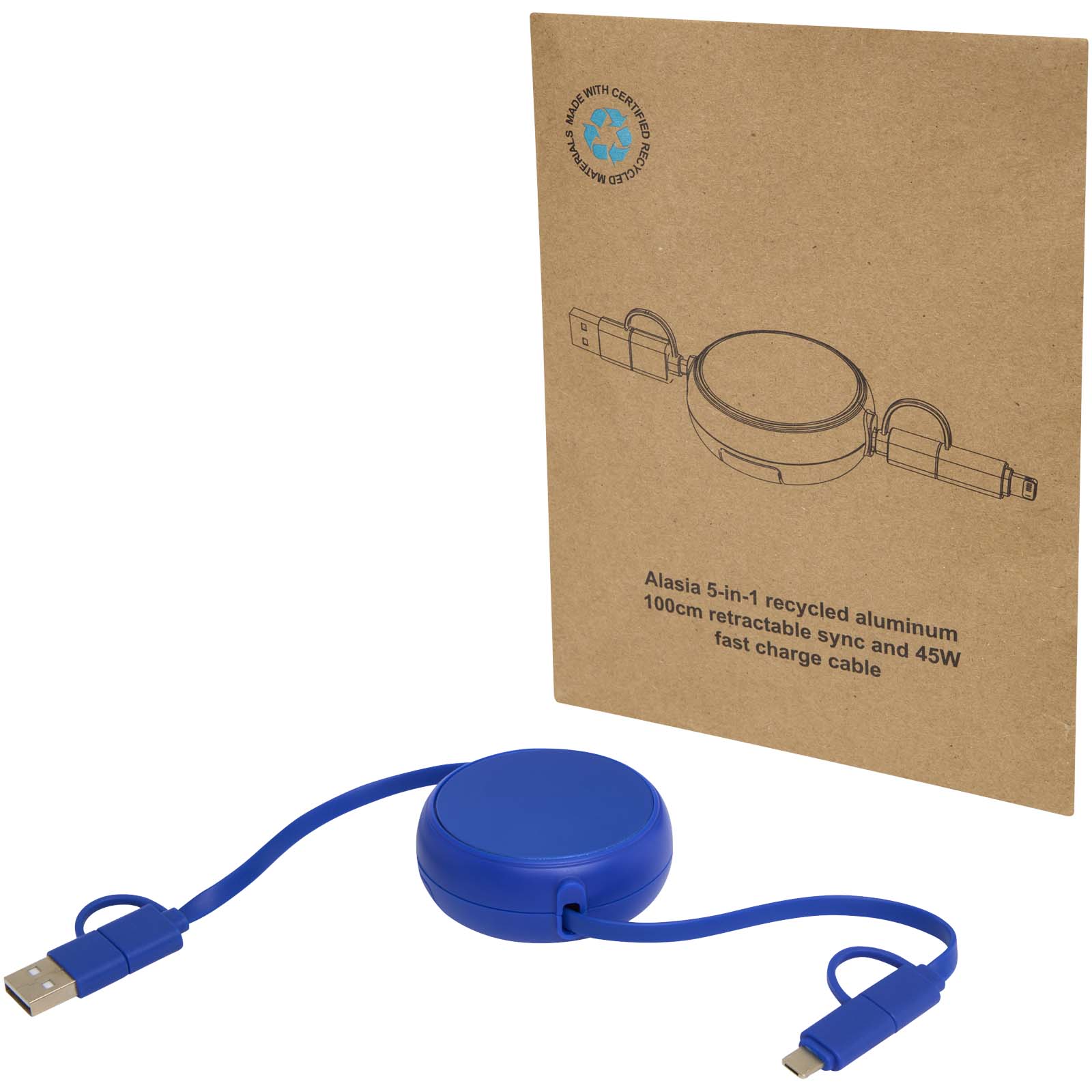 Příslušenství k PC Unbranded Vysouvací datový synchronizační a rychlonabíjecí 45W kabel 5 v 1 o délce 100 cm z recyklovaného plastu a hliníku Alasia Royal blue