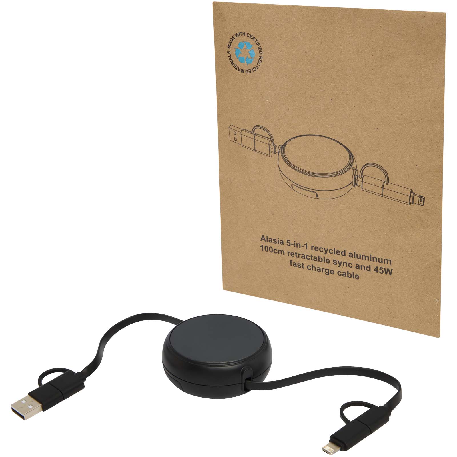 Příslušenství k PC Unbranded Vysouvací datový synchronizační a rychlonabíjecí 45W kabel 5 v 1 o délce 100 cm z recyklovaného plastu a hliníku Alasia