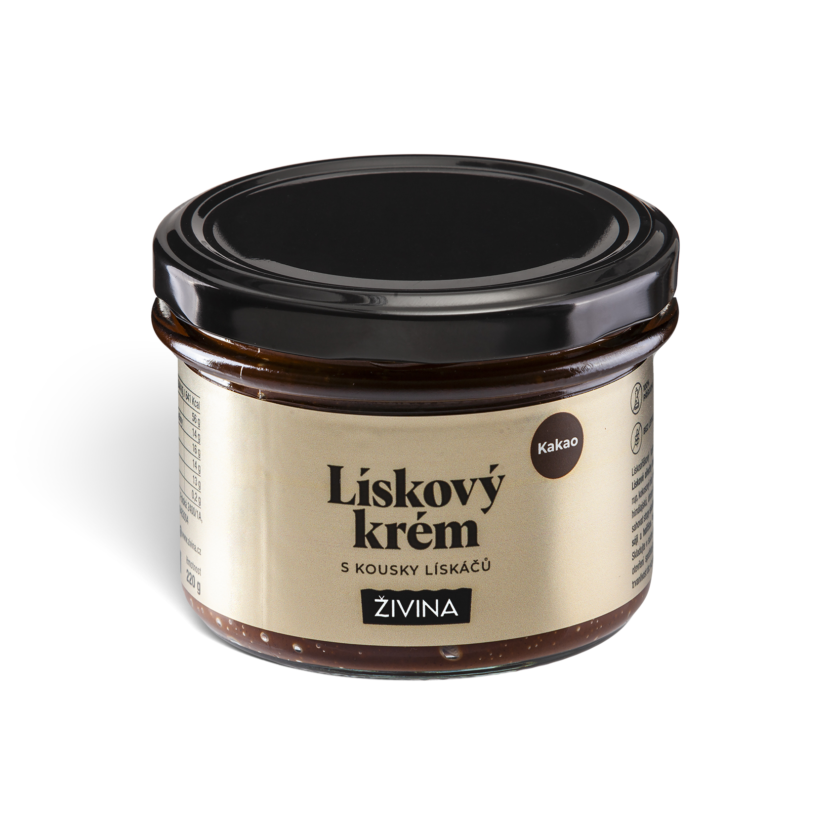 Lískový krém s kakaem a kousky lískáčů, slazený datlovým sirupem 220 g