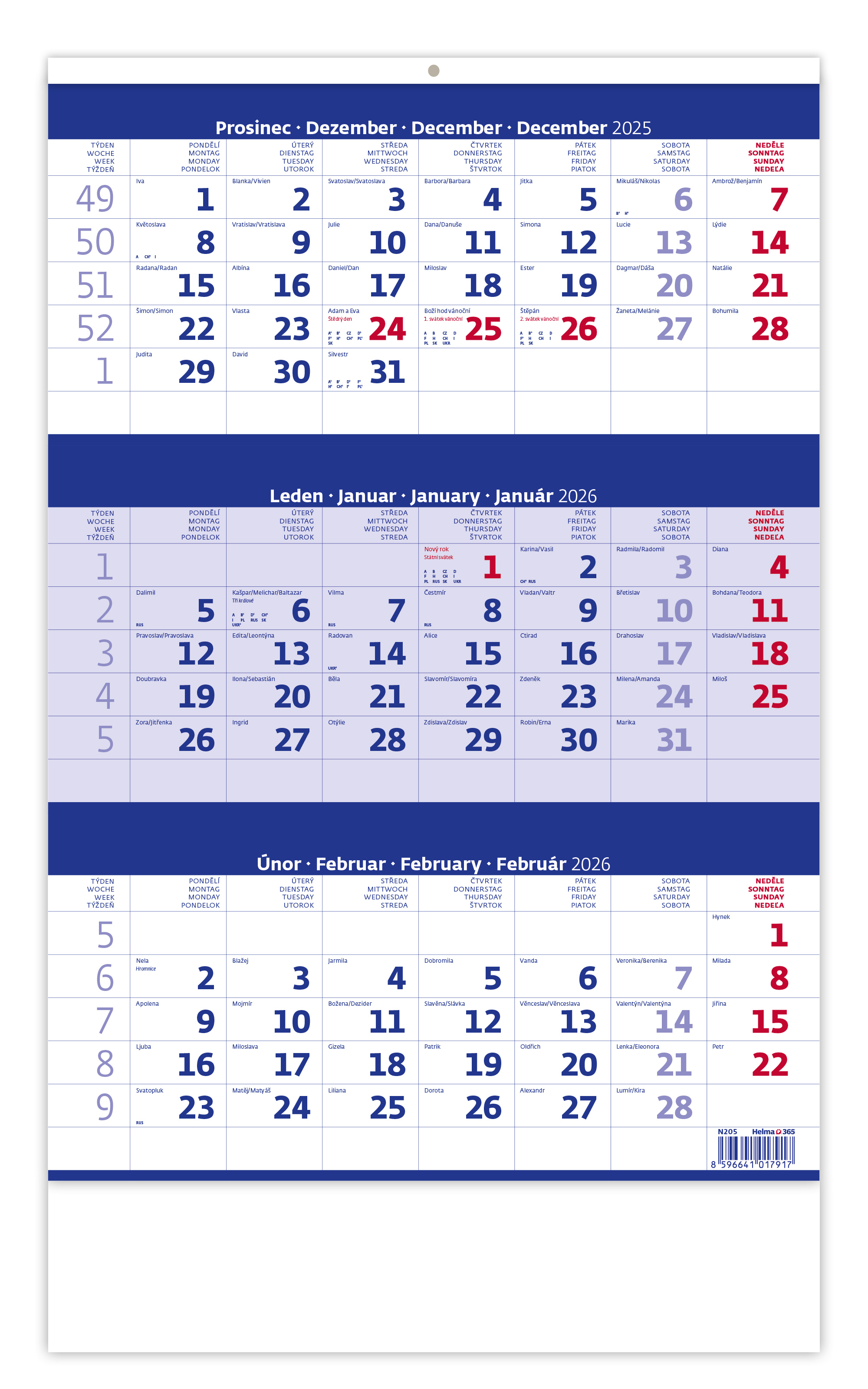Nástěnný kalendář Tříměsíční 2026, modrý Nástěnný kalendář Tříměsíční 2026, modrý