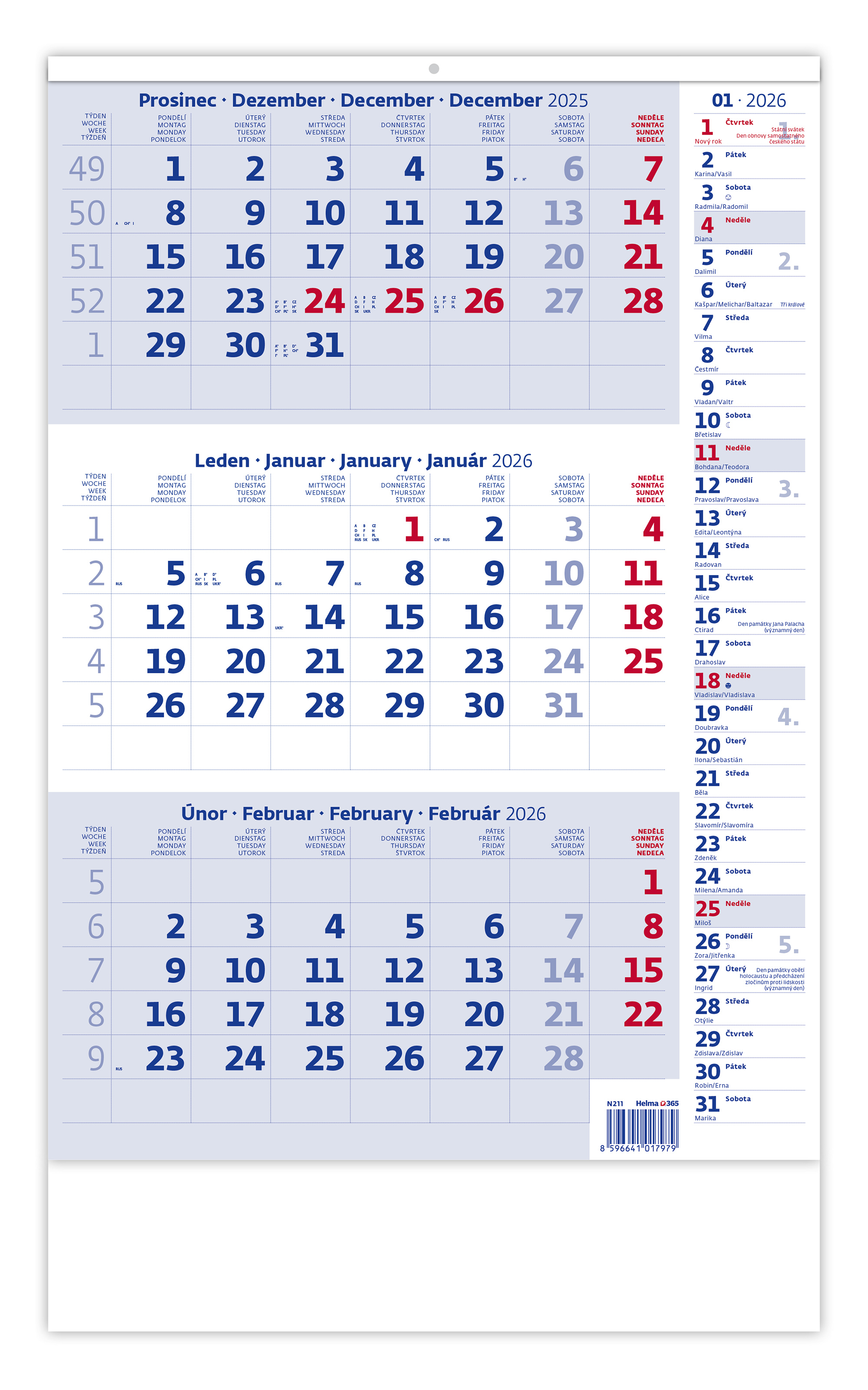 Nástěnný kalendář Tříměsíční s poznámkami 2026, modrý Nástěnný kalendář Tříměsíční s poznámkami 2026, modrý