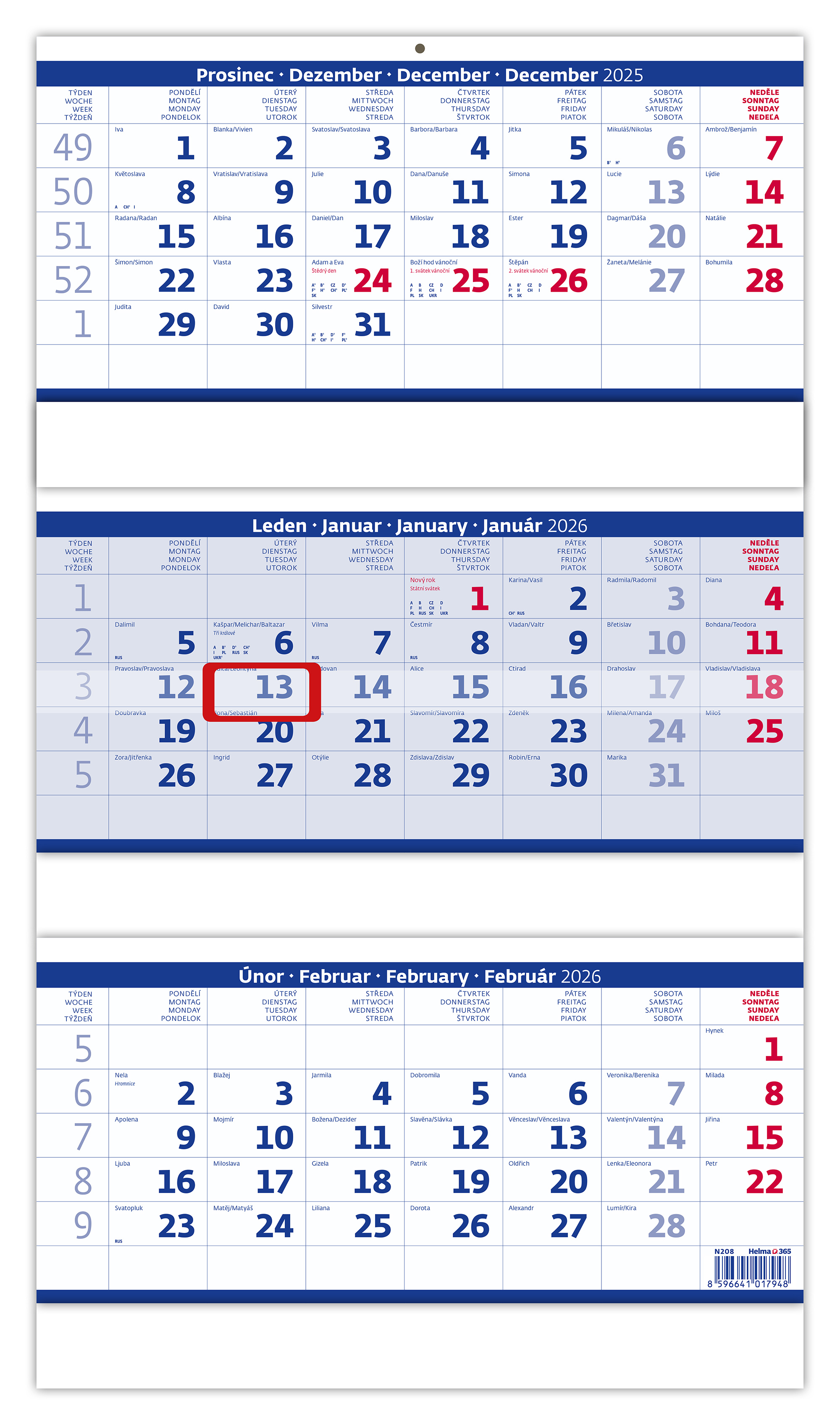 Nástěnný kalendář Tříměsíční skládaný 2026, modrý Nástěnný kalendář Tříměsíční skládaný 2026, modrý