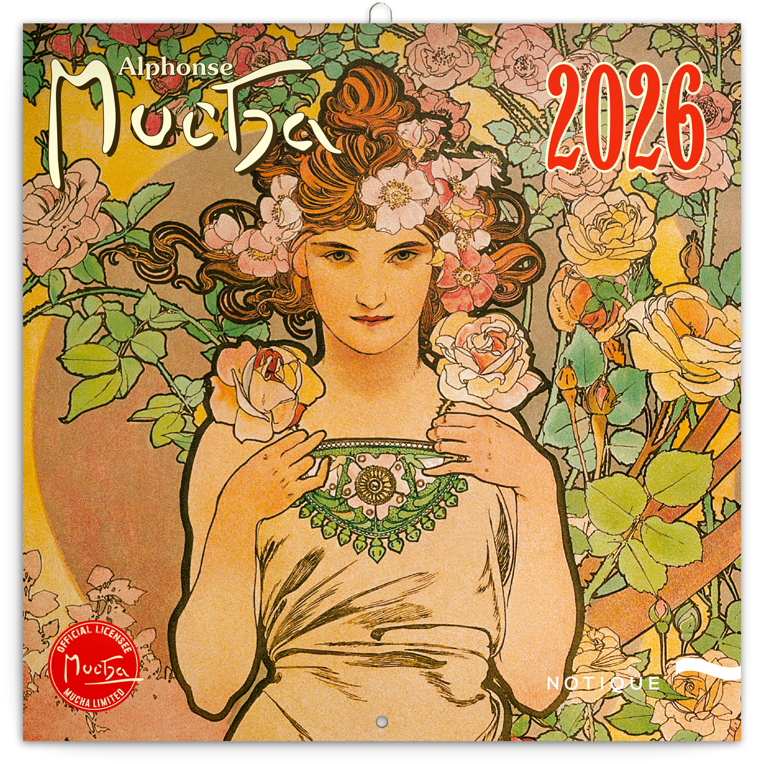 Poznámkový kalendář Alfons Mucha 2026, 30x30 cm - západní