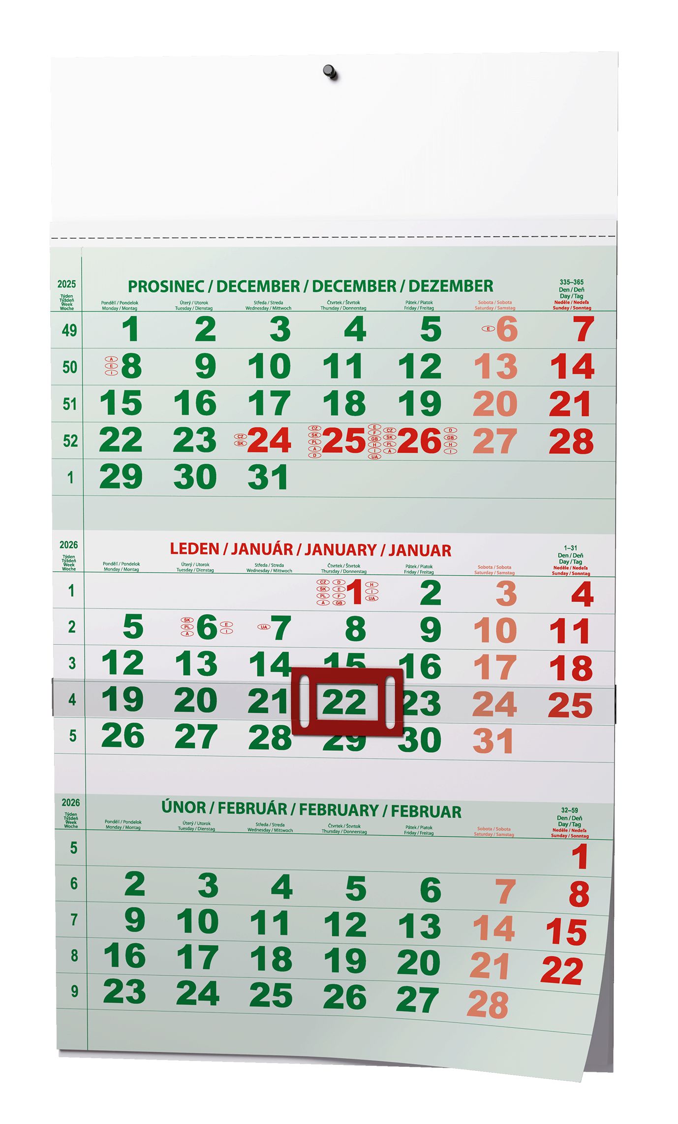 Nástěnný kalendář Tříměsíční s mezinárodními svátky - zelený Nástěnný kalendář Tříměsíční s mezinárodními svátky - zelený