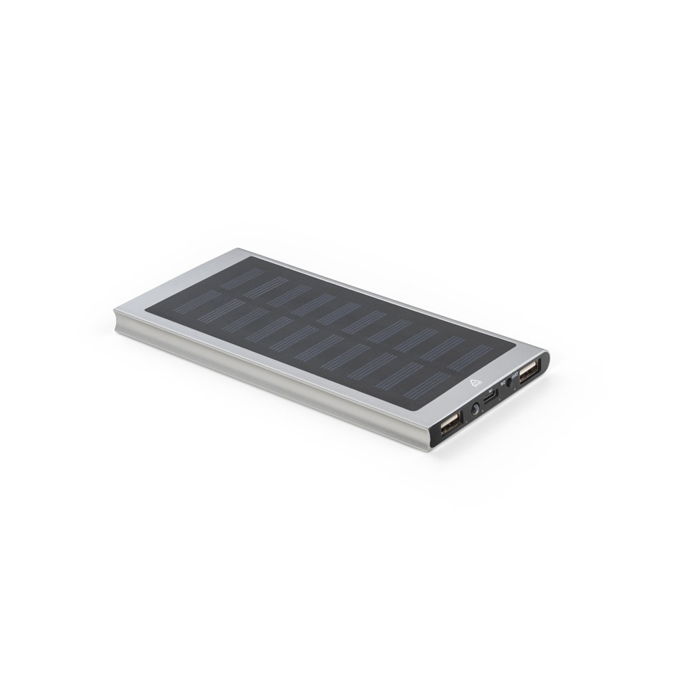 CLERK. Powerbanka 8 000 mAh se solárním panelem ze 100% recyklovaného hliníku