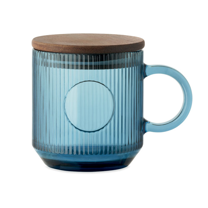 Žebrovaný skleněný hrnek VITRIO MUG s dřevěným víčkem, 300 ml Transparentní Modrá