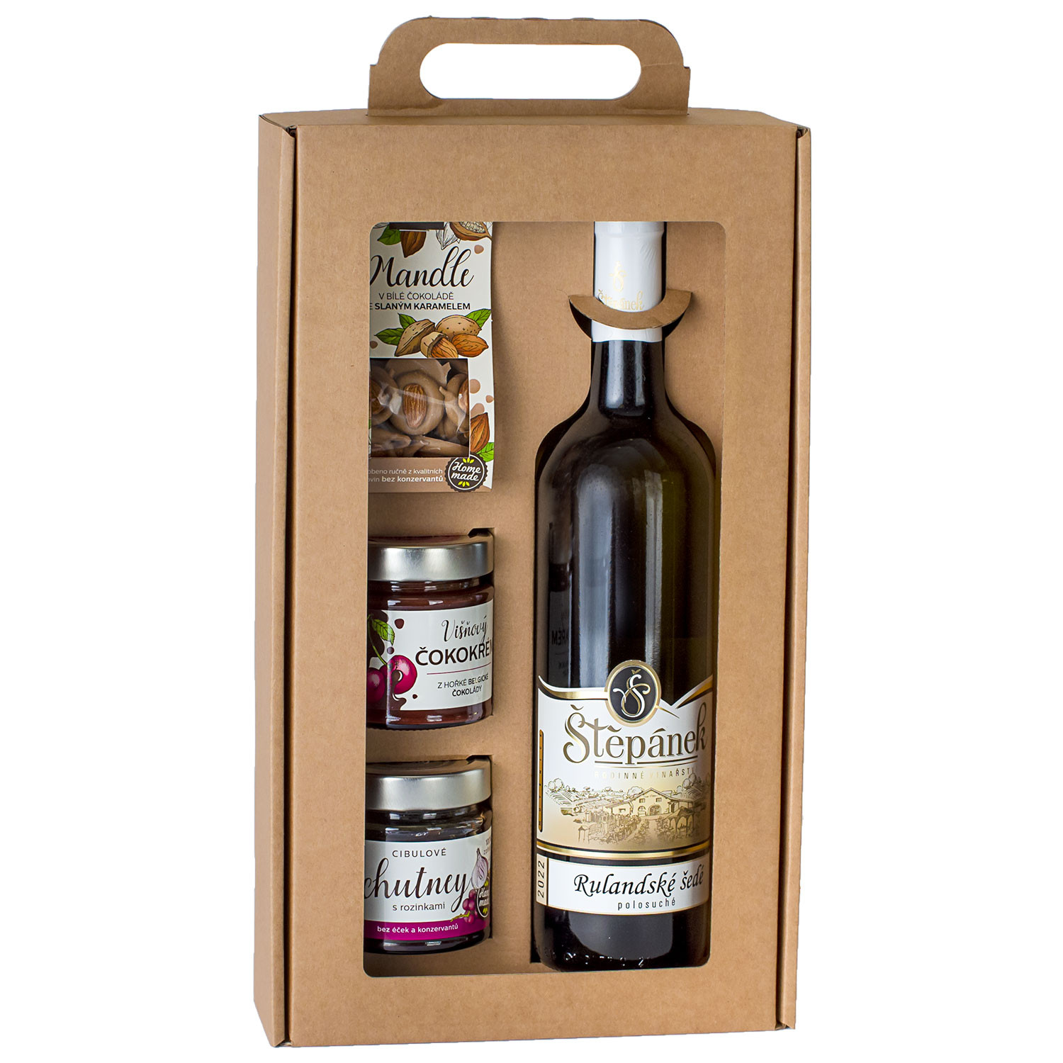 Dárkové balení - Bílé víno Rulandské šedé, Mandle v bílé čokoládě, Višňový čoko krém a Cibulové chutney