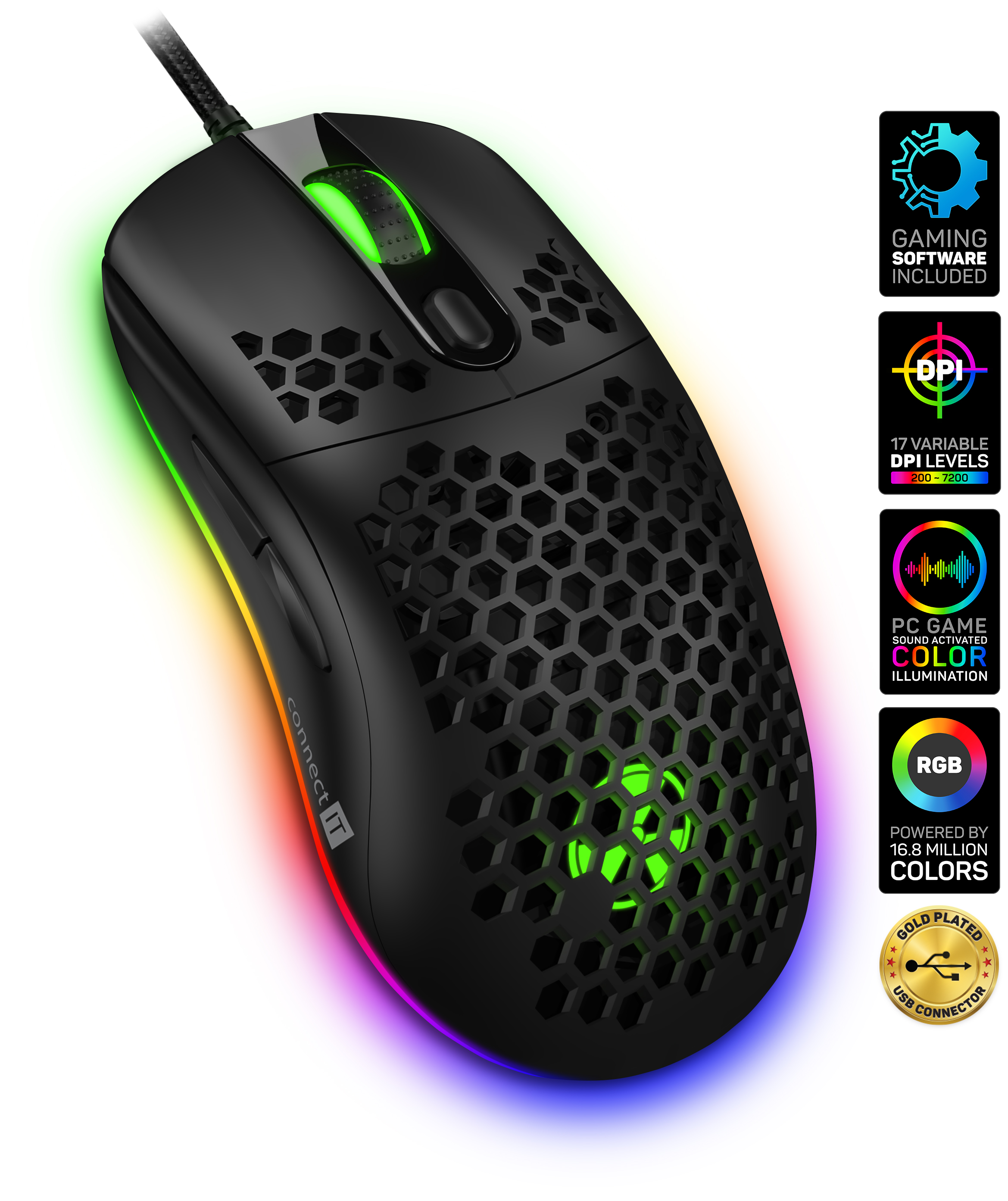 CONNECT IT BATTLE AIR 2 profesionální optická herní myš + SW, 12800 DPI - Černá