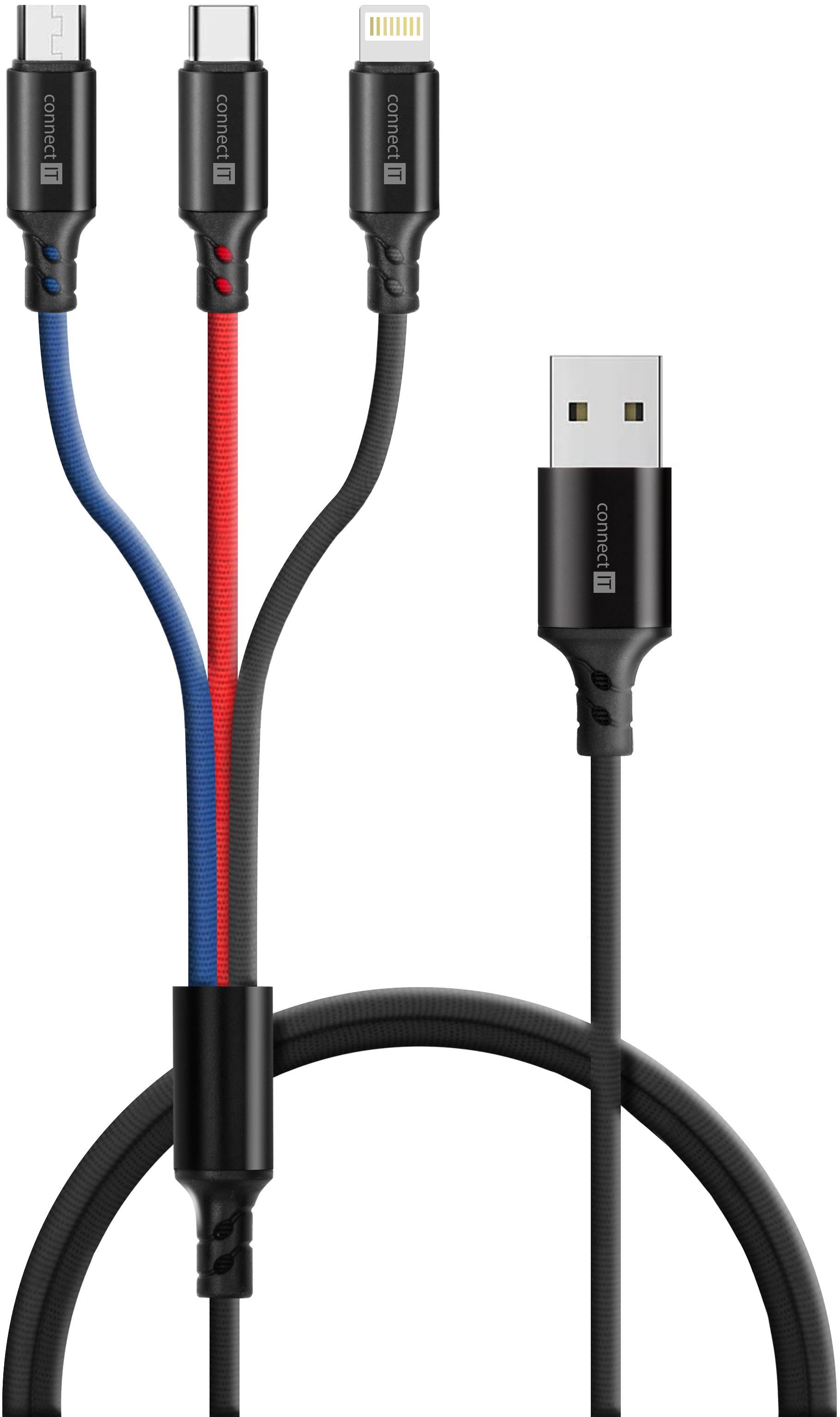CONNECT IT Wirez 3in1 USB-C & Micro USB & Lightning, 1,2 m - Černá