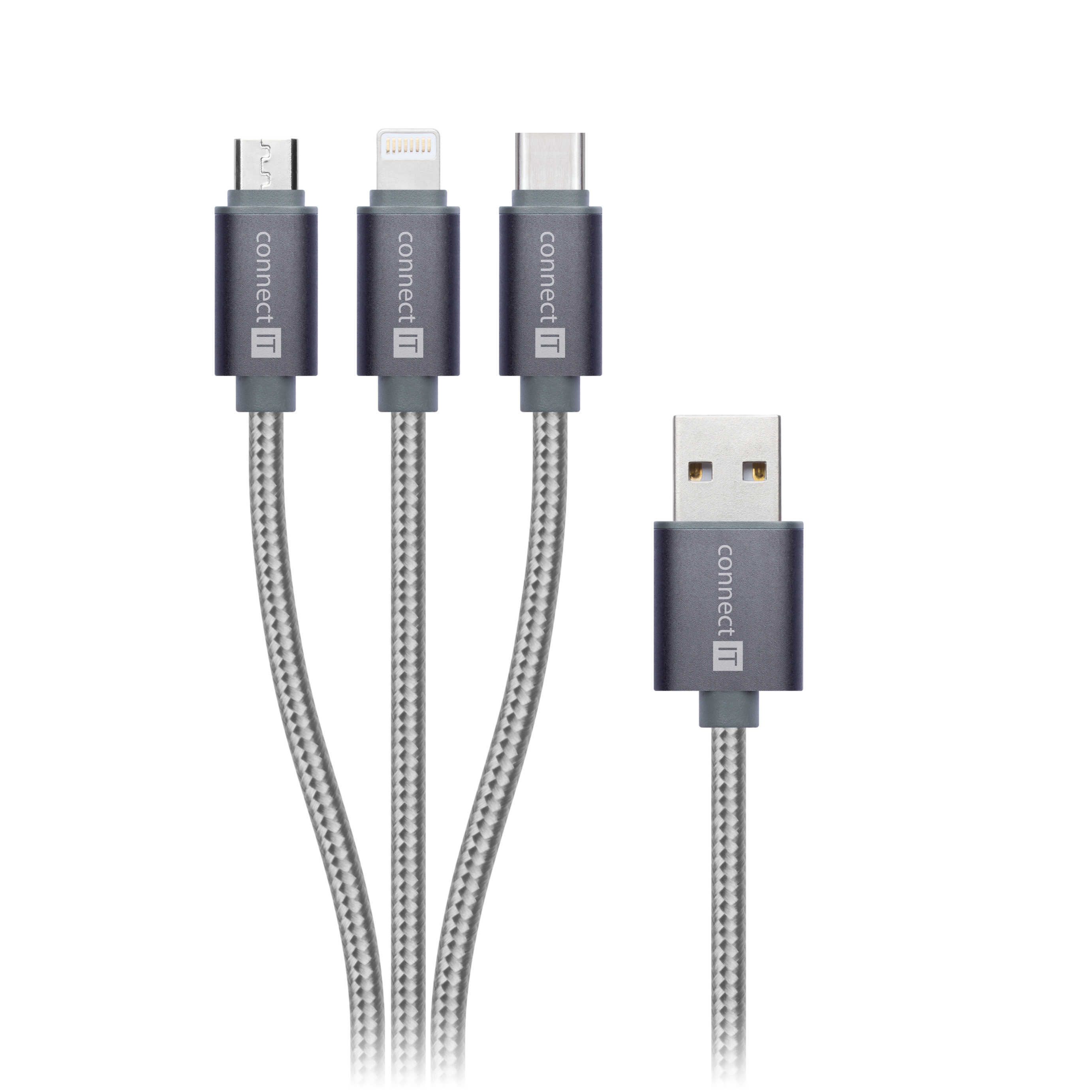 CONNECT IT Wirez 3in1 USB-C & Micro USB & Lightning, 1,2 m - Stříbrná a šedá