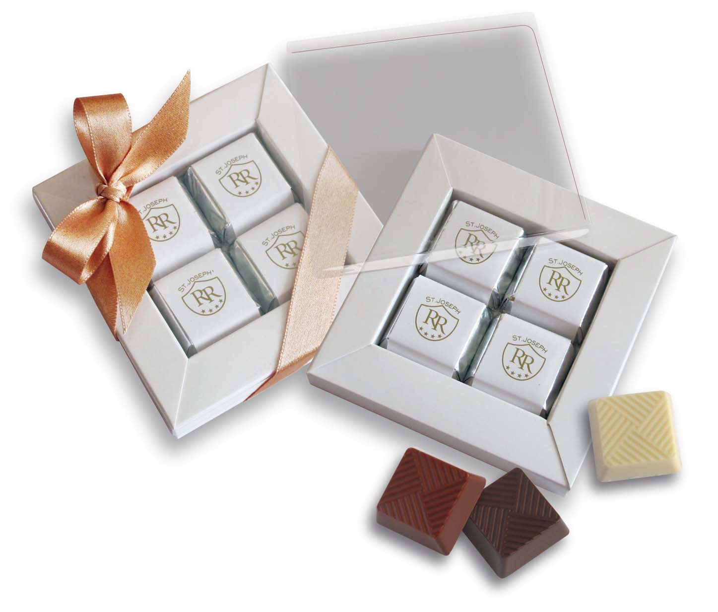 Reklamní pralinková sada v papírové krabičce s plastovým víčkem, 4x12 g - každá čokoláda vlastní potisk