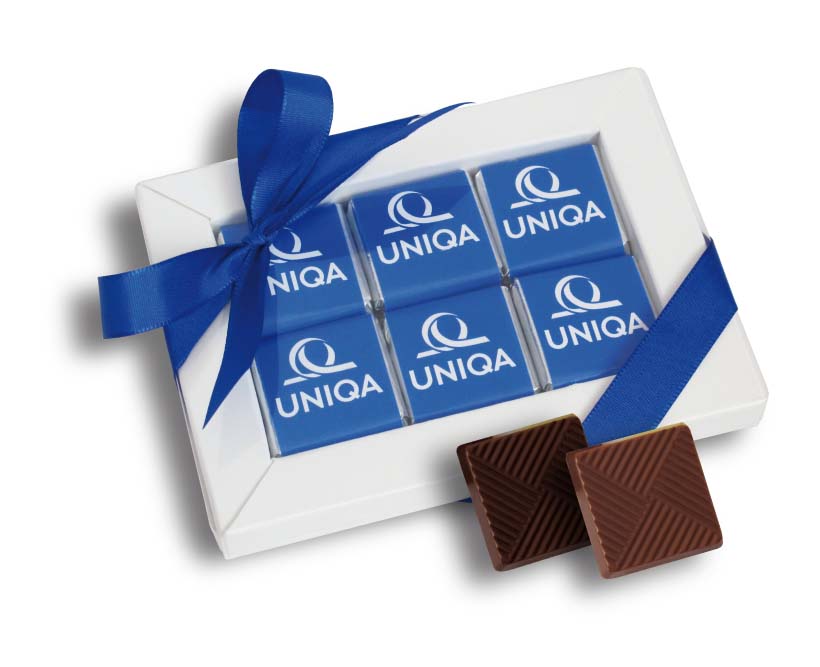 Reklamní čokoládová sada v papírové krabičce s plastovým víčkem, 12x5 g - každá čokoláda vlastní potisk