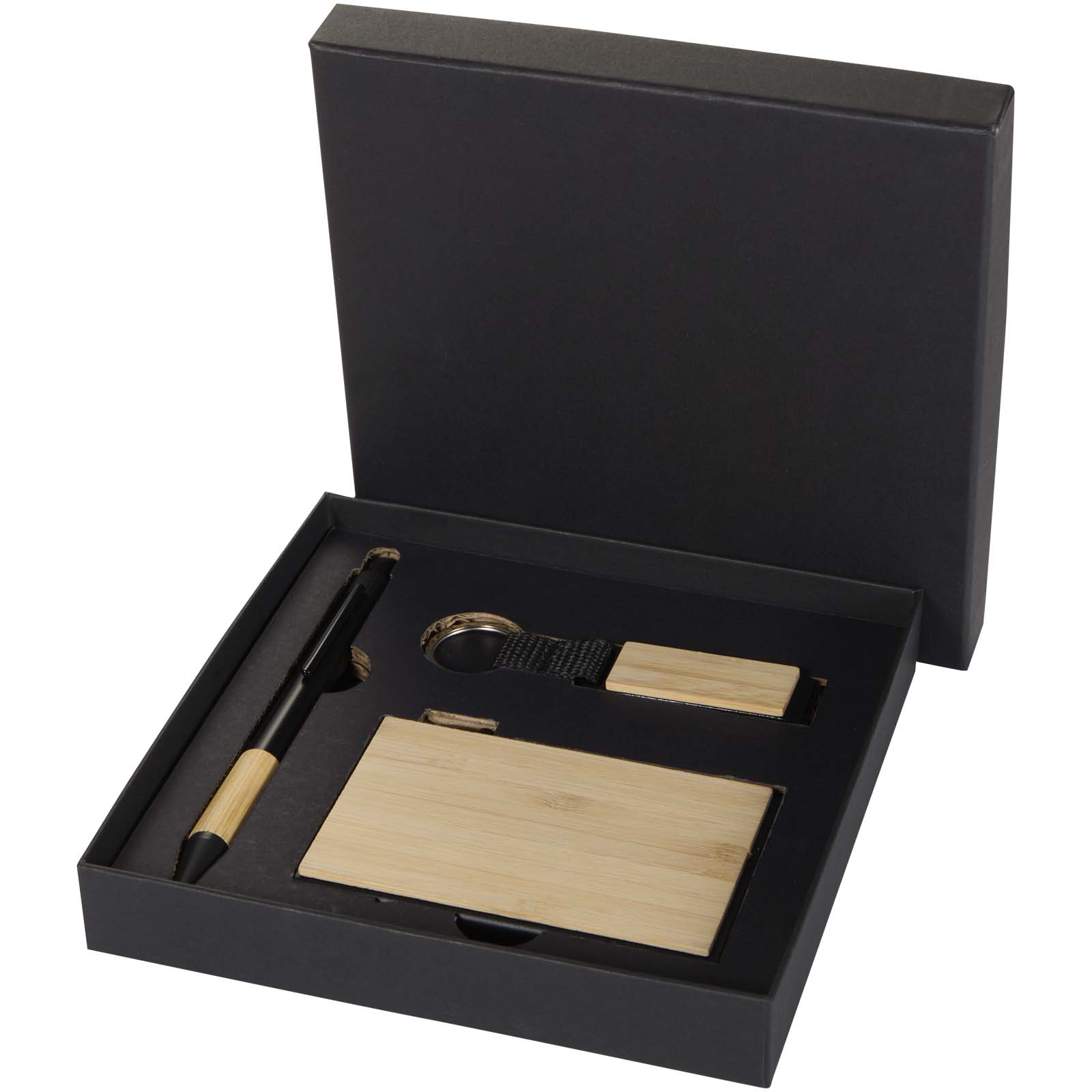 Psací souprava Unbranded Minka dárková sada kuličkového pera z recyklovaného hliníku RCS, klíčenky a RFID pouzdra na karty Natural, Solid black