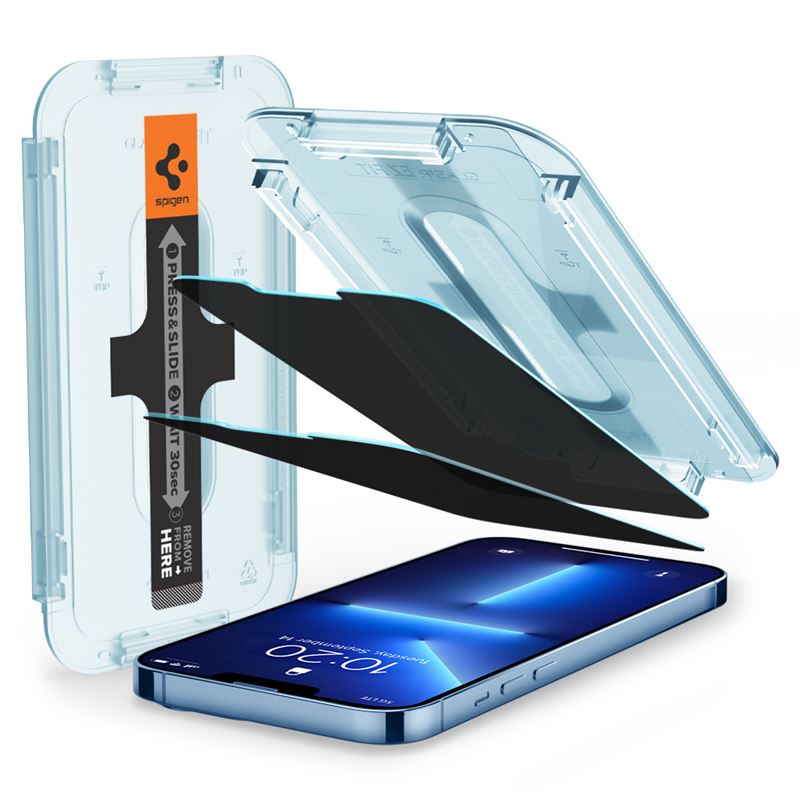 Ochranné sklo pro iPhone Spigen Glass tR EZ Fit 2 Pack, privacy sensor open - iPhone 14 Plus/13 Pro Max - transparentní