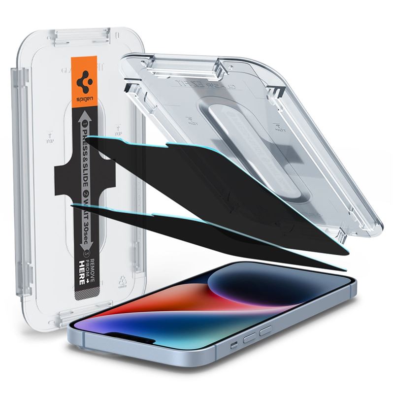Ochranné sklo pro iPhone Spigen Glass tR EZ Fit Transparency Sensor Open Privacy 2 Pack - iPhone 16e/14/13/13 Pro - transparentní