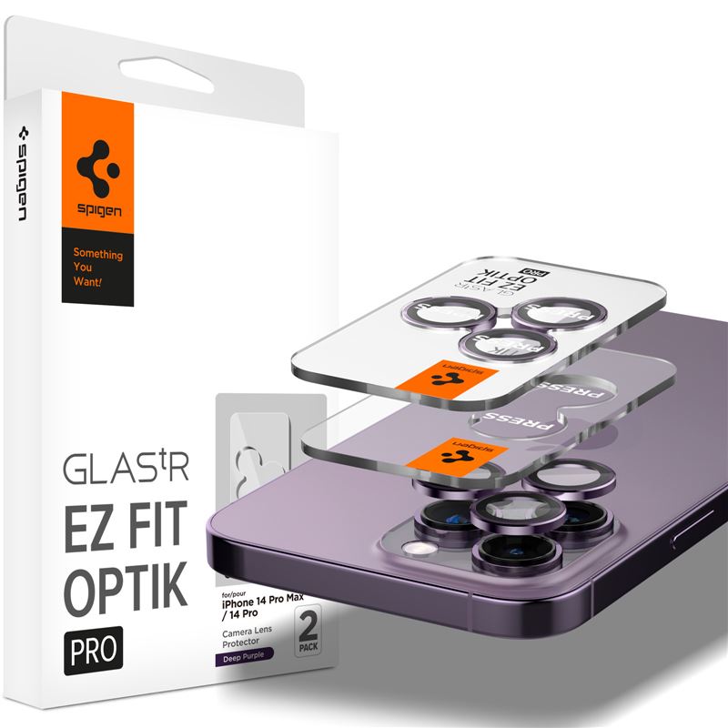 Ochranné sklo na objektiv pro iPhone Spigen Glass EZ Fit Optik Pro 2 Pack, iPhone 14 Pro/iPhone 14 Pro Max - fialová