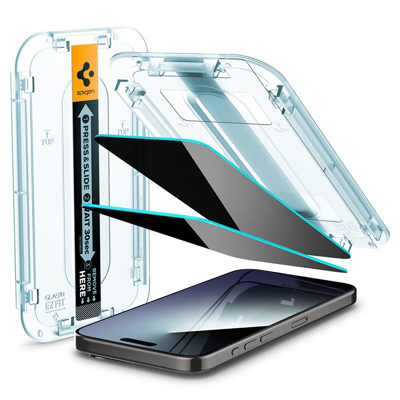 Ochranné sklo pro iPhone 15 Pro Max Spigen Glass tR EZ Fit (Privacy) 2 Pack - transparentní
