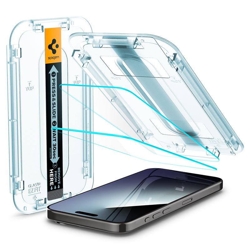 Ochranné sklo pro iPhone 15 Pro Spigen Glass tR EZ Fit 2 Pack - transparentní