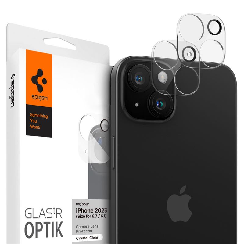 Ochranná fólie na objektiv pro iPhone Spigen Glass tR Optik 2 Pack, iPhone 15/15 Plus/14/14 Plus - transparentní