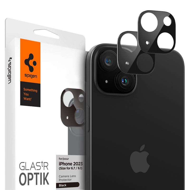 Ochranná fólie na objektiv pro iPhone Spigen Glass tR Optik 2 Pack, iPhone 15/15 Plus/14/14 Plus - černá